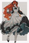  1other androgynous apron coffee_pot cup foot_out_of_frame gloves highres houseki_no_kuni knee_up light_smile long_hair maid maid_apron maid_headdress open_mouth other_focus padparadscha_(houseki_no_kuni) red_eyes red_hair skirt_hold solo standing standing_on_one_leg teacup teapot thighhighs very_long_hair 