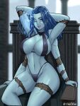  1girl absurdres areola_slip arms_behind_head blue_eyes blue_hair blue_skin blush breasts charleian colored_skin cracked_skin curvy doll doll_joints elden_ring extra_arms extra_faces highres joints large_breasts navel one_eye_closed ranni_the_witch throne 