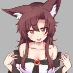  2022 animal_humanoid bare_shoulders bedroom_eyes big_breasts blush breasts brooch brown_hair canid canid_humanoid canine canine_humanoid clothed clothing female grey_background hair humanoid inner_ear_fluff kagerou_imaizumi looking_at_viewer mammal mammal_humanoid mywool narrowed_eyes orange_eyes seductive simple_background smile solo touhou tuft undressing video_games wolf_humanoid 