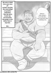  2022 anthro bon_donuts bottomwear clothing comic english_text eyes_closed hi_res humanoid_hands kemono male mammal musclegut outside pants shirt sitting slightly_chubby solo suid suina sus_(pig) text topwear wild_boar 