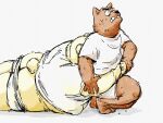  2022 anthro belly bodily_fluids bottomwear brown_body butt canid canine canis clothing domestic_dog duo hi_res kemono male mammal overweight overweight_male pommn_mn shirt shorts sweat topwear ursid 