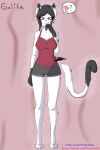 absurd_res anthro big_breasts black_body black_fur black_hair breasts clothing domestic_cat english_text felid feline felis female firenox1559 fur galika(firenox1559) hair hi_res humanoid_hands light_clothing long_tail looking_at_viewer mammal mature_female pink_nose red_eyes short_hair simple_background solo standing text white_body 