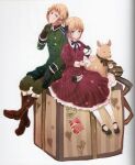  1boy 1girl axis_powers_hetalia bird blonde_hair blush bob_cut brother_and_sister dress goat green_eyes highres himaruya_hidekazu liechtenstein_(hetalia) mary_janes shoes siblings sitting sitting_on_object smile striped striped_dress stuffed_animal stuffed_toy switzerland_(hetalia) 