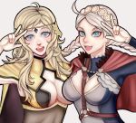  2girls absurdres ahoge asymmetrical_bangs bangs blonde_hair blue_eyes braid breasts chest_harness circlet commission commissioner_upload fire_emblem fire_emblem_fates grey_eyes harness highres kitsizz leather_strap long_hair looking_at_viewer medium_breasts multiple_girls nina_(fire_emblem) non-web_source open_mouth ophelia_(fire_emblem) twin_braids upper_body v white_hair 