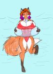  absurd_res alcohol anthro beverage big_breasts breasts canid canine casual_nudity clothing female fox fur fyixa_(fyixen) fyixen hair hi_res highlights_(coloring) inflatable inner_tube invalid_tag mammal nipple_slip one-piece_swimsuit orange_body orange_fur pink_hair pinup pose side_boob slim solo swimming swimwear tube 