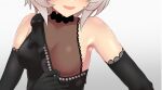  1girl 4_ori :d bare_shoulders black_dress black_gloves blush breasts clothes_pull commentary_request curren_chan_(ma_sheri)_(umamusume) curren_chan_(umamusume) dress dress_pull elbow_gloves gloves gradient gradient_background grey_background grey_hair head_out_of_frame highres medium_breasts see-through short_hair smile solo umamusume upper_body 