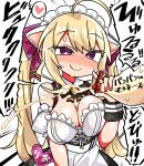  1girl ahoge blonde_hair blush breasts cleavage commentary_request eyebrows_visible_through_hair heart highres kanikama large_breasts long_hair maid_headdress nijisanji purple_eyes sexually_suggestive speech_bubble sweat takamiya_rion translation_request twintails virtual_youtuber 