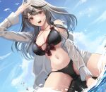  1girl :d arm_up bikini black_bikini black_hair blue_sky bow breasts cleavage cloud day grey_hair hair_ornament hairclip highres hololive jacket large_breasts long_hair long_sleeves looking_away multicolored_hair navel open_clothes open_jacket outdoors red_bow red_eyes sakamata_chloe sideways_glance sitting sky smile solo stomach streaked_hair swimsuit virtual_youtuber water white_jacket x_hair_ornament yamikyon 
