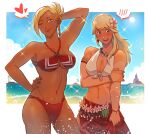  2girls arm_behind_head beach bikini blonde_hair blue_eyes blush braid breasts commission embarrassed final_fantasy final_fantasy_xiv flirting flower hair_flower hair_ornament halter_top halterneck hand_on_hip large_breasts lyse_hext minfilia_warde multiple_girls one_eye_closed sarong sei_(seiryuuden) smile summer swimsuit tan tanlines 