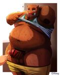  2022 absurd_res anthro armpit_hair balls belly big_belly blush body_hair brown_body brown_fur censored clothed clothing clothing_lift erection fur genitals green_eyes hi_res humanoid_genitalia humanoid_hands humanoid_penis kemono kumajjjj male mammal moobs nipples overweight overweight_male partially_clothed penis shirt shirt_lift solo_focus suid suina sus_(pig) topwear underwear underwear_down wild_boar 