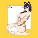  1girl absurdres animal_ears bare_shoulders barefoot between_legs black_hair braid braided_ponytail breasts breasts_out cat cat_ears commentary full_body glasses hand_between_legs hanekawa_tsubasa heart highres large_breasts looking_at_viewer monogatari_(series) nekomonogatari nipples open_clothes pajamas pajamas_pull potatoartox purple_eyes simple_background sitting smile solo thick_thighs thighs wariza yellow_background 