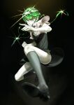  1other absurdres black_background black_footwear black_legwear clenched_hand fighting_stance gem_uniform_(houseki_no_kuni) green_eyes green_hair highres houseki_no_kuni jade_(houseki_no_kuni) light long_hair nail_polish necktie one_knee pose shiny shiny_hair shoes shorts shumanomalos sidelocks socks solo suspender_shorts suspenders 