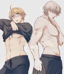  2boys ahoge alternate_costume america_(hetalia) axis_powers_hetalia bara dog_tags embarrassed english_text fermium.ice hands_on_own_chest highres holding holding_clothes large_pectorals male_focus multiple_boys muscular muscular_male parted_lips pectorals russia_(hetalia) scar scar_on_arm scar_on_chest scar_on_neck topless_male trait_connection undressing 