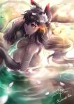  1girl absurdres animal_ear_fluff animal_ears bathing black_hair black_sclera blush breasts claws colored_sclera completely_nude fang flaming_eye freckles hellhound_(monster_girl_encyclopedia) highres large_breasts long_hair looking_back monster_girl_encyclopedia nude onsen orange_eyes partially_submerged petals signature smile solo tail twitter_username very_long_hair wolf_ears wolf_tail zee_n3 