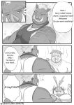 2022 anthro blood blush bodily_fluids bon_donuts clothing comic duo english_text eyes_closed hi_res humanoid_hands kemono male mammal musclegut nosebleed shirt slightly_chubby suid suina sus_(pig) text topwear wild_boar 