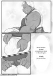  2022 anthro apron baking biped bon_donuts clothing comic english_text hi_res humanoid_hands kemono male mammal musclegut shirt slightly_chubby solo suid suina sus_(pig) text topwear wild_boar 