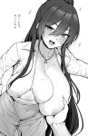 1girl absurdres areola_slip bangs bikini blush breast_grab breasts cleavage collarbone collared_shirt eyebrows_visible_through_hair grabbing greyscale hair_between_eyes highres hotate-chan idolmaster idolmaster_shiny_colors jewelry large_breasts long_hair long_sleeves looking_at_viewer micro_bikini monochrome navel necklace open_mouth ponytail revision shirase_sakuya shirt sideboob smile solo_focus swimsuit translation_request underboob 