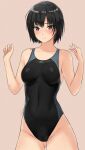  1girl amagami arms_up ass_visible_through_thighs bangs black_hair black_swimsuit blue_swimsuit blush breasts brown_background brown_eyes closed_eyes collarbone commentary competition_swimsuit cowboy_shot groin hair_between_eyes highres looking_at_viewer medium_breasts nanasaki_ai one-piece_swimsuit raised_eyebrows short_hair simple_background smile solo swimsuit two-tone_swimsuit w_arms yoo_tenchi 