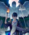 1boy bangs bird black_jacket crow dress fire full_moon highres holding holding_torch jacket laoyepo long_sleeves looking_at_viewer marius_von_hagen_(tears_of_themis) moon night night_sky open_clothes open_jacket open_mouth outdoors purple_dress purple_eyes shirt short_sleeves sky solo statue tears_of_themis torch upper_body white_shirt 