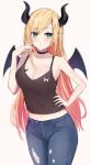 1girl bangs blonde_hair blush breast_tattoo breasts cleavage demon_girl demon_horns demon_wings eyebrows_visible_through_hair hololive horns large_breasts long_hair looking_at_viewer navel open_mouth pointy_ears shirt shuuzo3 solo tattoo undershirt virtual_youtuber wings yuzuki_choco 