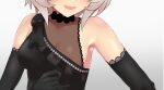  1girl 4_ori :d bare_shoulders black_dress black_gloves blush breasts commentary_request curren_chan_(ma_sheri)_(umamusume) curren_chan_(umamusume) dress elbow_gloves gloves gradient gradient_background grey_background grey_hair head_out_of_frame highres medium_breasts see-through short_hair smile solo umamusume upper_body 