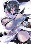  1girl arm_up armpit_crease armpit_peek armpits arms_up bangs bare_shoulders black_hair black_legwear blade blue_eyes bouncing_breasts breasts butterfly_swords cleavage covered_nipples detached_sleeves eyebrows_visible_through_hair flipped_hair futabamidori hair_over_one_eye highres iroha_(samurai_spirits) large_breasts maid maid_headdress open_mouth pelvic_curtain red_footwear samurai_spirits shaded_face sideboob skindentation smile solo sweat sweatdrop thick_thighs thighhighs thighs toeless_legwear 