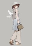  1girl angel_wings azumaya_toushirou bag bangs bare_arms bare_shoulders baseball_cap bracelet brown_eyes brown_footwear brown_hair brown_pants commentary_request dress feet flip-flops full_body grey_background handbag hat highres jacket_around_neck jewelry looking_at_viewer looking_back medium_hair original pants sandals short_ponytail simple_background smile solo walking white_dress white_headwear white_wings wings 