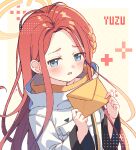  1girl blue_archive blue_eyes blush braid character_name envelope eyebrows_visible_through_hair forehead halo highres holding holding_envelope jacket long_hair long_sleeves open_mouth red_hair solo white_jacket yuzu_(blue_archive) zoirun 