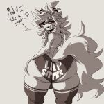  anthro big_butt bulge butt clothed clothing english_text girly huge_butt lavender_lily legwear looking_at_viewer looking_back looking_back_at_viewer male mammal text thick_thighs thigh_highs topless 