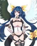  1girl :d angel_wings ass_visible_through_thighs asymmetrical_wings bare_shoulders black_legwear black_panties blue_hair bow breasts buttons chemaru_(a8l) cleavage commission cowboy_shot detached_collar detached_sleeves dizzy_(guilty_gear) fingernails groin guilty_gear guilty_gear_xrd hair_ribbon hair_rings hand_on_own_chest head_tilt highres large_breasts legs_together long_hair midriff monster_girl navel open_mouth panties plump red_eyes ribbon simple_background skeb_commission skindentation smile solo tail tail_ornament tail_ribbon thigh_gap thighhighs twintails underwear white_background wings yellow_bow yellow_ribbon 