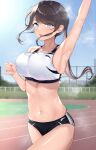  1girl absurdres arm_up armpits blue_eyes blue_sky blush bouncing_breasts breasts brown_hair buruma crop_top day floating_hair highres kaku_yone large_breasts long_hair navel open_mouth original outdoors ponytail running sidelocks sky solo sports_bra stomach sweat thighs track_and_field track_uniform 