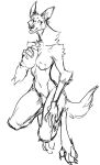  2022 anthro bent_legs big_claws big_nipples big_pubes breasts canid canine chest_tuft claws digitigrade elbow_tufts female guoh hand_on_breast hi_res long_arms long_legs long_neck mammal nipples nude pubes shoulder_tuft simple_background solo toe_claws tuft white_background 
