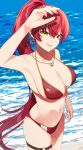  1girl arm_up bangs beach bikini breasts earrings gold_earrings gold_necklace heart heart_earrings heart_necklace heterochromia highres hololive hoshikani houshou_marine jewelry large_breasts lips long_hair looking_at_viewer navel ponytail red_bikini red_eyes red_hair smile solo stomach strap_gap swimsuit thigh_strap very_long_hair water yellow_eyes 