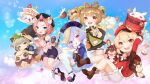  5girls :d absurdres ahoge animal_ears animal_hood aqua_eyes armguards arms_up ass backpack bag bangs bangs_pinned_back baron_bunny_(genshin_impact) basket bead_necklace beads bell black_shorts bloom blunt_bangs blush boots braid brown_footwear brown_gloves brown_hair brown_scarf cabbie_hat cameo cape cat_ears cat_girl cat_tail chinese_clothes clover_print coat cocktail_shaker coin_hair_ornament commentary_request daruma_doll detached_sleeves diona_(genshin_impact) dodoco_(genshin_impact) eyebrows_visible_through_hair eyes_visible_through_hair fake_animal_ears forehead genshin_impact gloves grey_hair guoba_(genshin_impact) hair_bell hair_between_eyes hair_ornament hat hat_feather hat_ornament highres hood japanese_clothes jewelry jiangshi jumpy_dumpty klee_(genshin_impact) knee_boots kneehighs leaf leaf_on_head lifting light_brown_hair long_hair long_sleeves looking_at_viewer low_ponytail low_twintails mengxin_huazha midriff muji-muji_daruma_(genshin_impact) multiple_girls navel necklace ninja obi ofuda orange_eyes paimon_(genshin_impact) pink_hair pocket pointy_ears puffy_detached_sleeves puffy_shorts puffy_sleeves purple_eyes purple_shorts qing_guanmao qiqi_(genshin_impact) raccoon_ears raccoon_hood randoseru red_coat red_headwear red_panda sash sayu_(genshin_impact) scarf short_hair short_shorts short_sleeves shorts sidelocks single_braid slime_(genshin_impact) smile stuffed_animal stuffed_bunny stuffed_toy tail thick_eyebrows twin_braids twintails v vision_(genshin_impact) white_gloves white_legwear white_shorts yaoyao_(genshin_impact) 