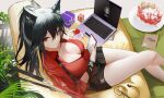  1girl animal_ears arknights bangs birthday_cake black_hair breasts cake cellphone cleavage closed_mouth computer couch earphones food from_above gift hair_between_eyes highres holding holding_phone laptop large_breasts long_hair no_bra notebook official_alternate_costume omone_hokoma_agm phone plate ponytail pubic_hair red_eyes red_shirt shirt shorts sitting smartphone solo sword texas_(arknights) texas_(willpower)_(arknights) thighs weapon wolf_ears wolf_girl 