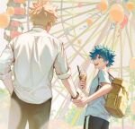  2boys amusement_park backpack bag bakugou_katsuki balloon blonde_hair blue_shirt boku_no_hero_academia bracelet ferris_wheel food freckles from_behind green_eyes green_hair hand_in_pocket happy holding holding_food holding_hands ice_cream jewelry looking_at_another male_focus midoriya_izuku milmil_(wa_ten&#039;nendesu) multiple_boys open_mouth shirt sleeves_rolled_up smile teeth watermark white_shirt 