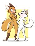  anthro arctic_fox barkyeet breasts canid canine duo embarrassed eyewear female female/female fluffy fluffy_tail fox glasses half-closed_eyes hand_on_breast hands_on_hips hi_res looking_at_viewer looking_back mammal narrowed_eyes raised_tail signature standing surprised_expression 