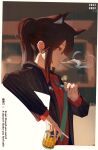  1girl adjusting_clothes adjusting_necktie alcohol animal_ears arknights atianshi black_hair black_jacket cigarette collared_shirt cup dated ear_piercing extra_ears green_necktie hair_between_eyes highres holding holding_cup jacket long_sleeves necktie official_alternate_costume parted_lips piercing ponytail red_shirt shirt sidelocks smoke solo texas_(arknights) texas_(willpower)_(arknights) upper_body wolf_ears yellow_eyes 