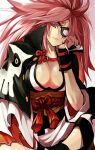  1girl amputee baiken breasts cleavage eyepatch facial_mark futabamidori guilty_gear guilty_gear_strive hand_on_own_face head_rest highres indian_style large_breasts long_hair looking_at_viewer one-eyed pink_hair ponytail red_rope rope sash scar scar_across_eye scar_on_face shaded_face sitting skull_print solo staring yellow_sash 