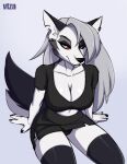  anthro artist_name bedroom_eyes black_bottomwear black_clothing black_nose black_panties black_skirt black_topwear black_underwear bottomwear breasts canid canid_demon canine canis cleavage clothed clothing demon digital_media_(artwork) ear_piercing female fur gradient_background grey_hair hair hellhound helluva_boss hi_res legwear looking_at_viewer loona_(helluva_boss) mammal narrowed_eyes panties piercing portrait red_sclera seductive shaded simple_background skirt smile smiling_at_viewer solo tail_through_skirt text thigh_highs three-quarter_portrait topwear underwear vtza white_body white_eyes white_fur wolf 