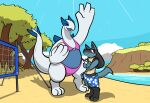  angry anthro ball beach bikini canid canine clothing duo female feral gesture grass hi_res island legendary_pok&eacute;mon lucario lugia mammal net nintendo outside plant pok&eacute;mon pok&eacute;mon_(species) sand seaside sky smile sport swimwear teeth tongue tree trout_(artist) video_games volleyball volleyball_(ball) water waving 