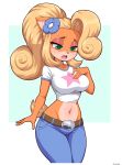  2022 5_fingers absurd_res accessory activision anthro belt bodily_fluids bottomwear clothing coco_bandicoot crash_bandicoot_(series) female fingers flower flower_in_hair fluffy fluffy_tail green_eyes hair hair_accessory half-closed_eyes hi_res long_hair mammal marsupial narrowed_eyes navel open_mouth orange_body pants plant shirt signature simmsyboy simple_background solo sweat topwear video_games 