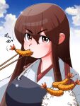  1girl akagi_(kancolle) brown_eyes brown_hair chopsticks eating food highres japanese_clothes kantai_collection long_hair muneate rice shin_(shin_k009) shrimp shrimp_tempura solo straight_hair tasuki tempura 