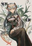  1girl absurdres arknights black_skirt crossed_legs dragon_girl dragon_horns dragon_tail feet_out_of_frame grey_hair highres horns id_card leaf long_hair long_skirt long_sleeves looking_at_viewer natsuba002 orange_eyes plant saria_(arknights) shirt skirt solo tail very_long_hair white_background white_shirt 