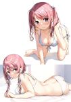  1girl absurdres all_fours ass bare_legs barefoot bikini blush bra breasts cleavage closed_mouth front-tie_bikini front-tie_top hair_ribbon highres kantoku kurumi_(kantoku) long_hair low_twintails lying medium_breasts multiple_views on_stomach original panties pink_eyes pink_hair ribbon scan side-tie_bikini simple_background smile strap_gap striped striped_bikini swimsuit twintails underwear underwear_only white_background white_bra white_panties 