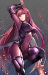  1girl arm_up bangs bodysuit breasts covered_navel fate/grand_order fate_(series) gae_bolg_(fate) hair_between_eyes highres large_breasts long_hair looking_at_viewer polearm purple_bodysuit purple_hair red_eyes scathach_(fate) solo spear suishougensou thighs weapon 