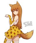  1girl animal_ear_fluff animal_ears artist_name ass bangs bare_shoulders commentary_request copyright_request cosplay cowboy_shot elbow_gloves eyebrows_visible_through_hair from_behind gloves high-waist_skirt highres holo kemono_friends korean_commentary long_hair looking_at_viewer looking_back paw_pose red_eyes serval_(kemono_friends) serval_(kemono_friends)_(cosplay) serval_print shirt signature simple_background skirt sleeveless sleeveless_shirt smile solo spice_and_wolf stoll_(tmxhf) tail thighhighs thighs very_long_hair white_background white_shirt wolf_ears wolf_girl wolf_tail yellow_skirt 