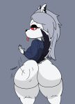  anthro big_breasts big_butt bottomless breasts butt butt_slap canid canid_demon canine canis claws clothed clothing curvy_figure demon eyelashes female grey_hair hair hashidoodle hellhound helluva_boss hoodie huge_butt inner_ear_fluff looking_at_viewer looking_back loona_(helluva_boss) mammal onomatopoeia red_sclera simple_background slap solo sound_effects text thick_thighs tongue tongue_out topwear tuft voluptuous wide_whips 