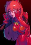  1girl absurdres bangs bodysuit breasts clenched_teeth commentary gloves gradient gradient_background hair_between_eyes hands_up headgear highres korean_commentary long_hair medium_breasts neon_genesis_evangelion plugsuit red_background red_bodysuit red_gloves red_hair scared simple_background solo souryuu_asuka_langley stoll_(tmxhf) sweat teeth upper_body very_long_hair 