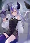  1girl ahoge ascot asymmetrical_hair black_dress blurry blurry_foreground blush braid breasts closed_mouth commentary demon_horns detached_sleeves dress eyebrows_visible_through_hair feet_out_of_frame french_braid grey_hair hair_between_eyes highres hololive horns la+_darknesss long_hair looking_at_viewer motoi_(croa76) multicolored_hair o-ring open_hand purple_hair purple_legwear short_dress side_slit single_braid single_thighhigh sitting sleeveless sleeveless_dress small_breasts smile solo strap streaked_hair striped_horns thighhighs two-tone_hair virtual_youtuber yellow_ascot yellow_eyes 